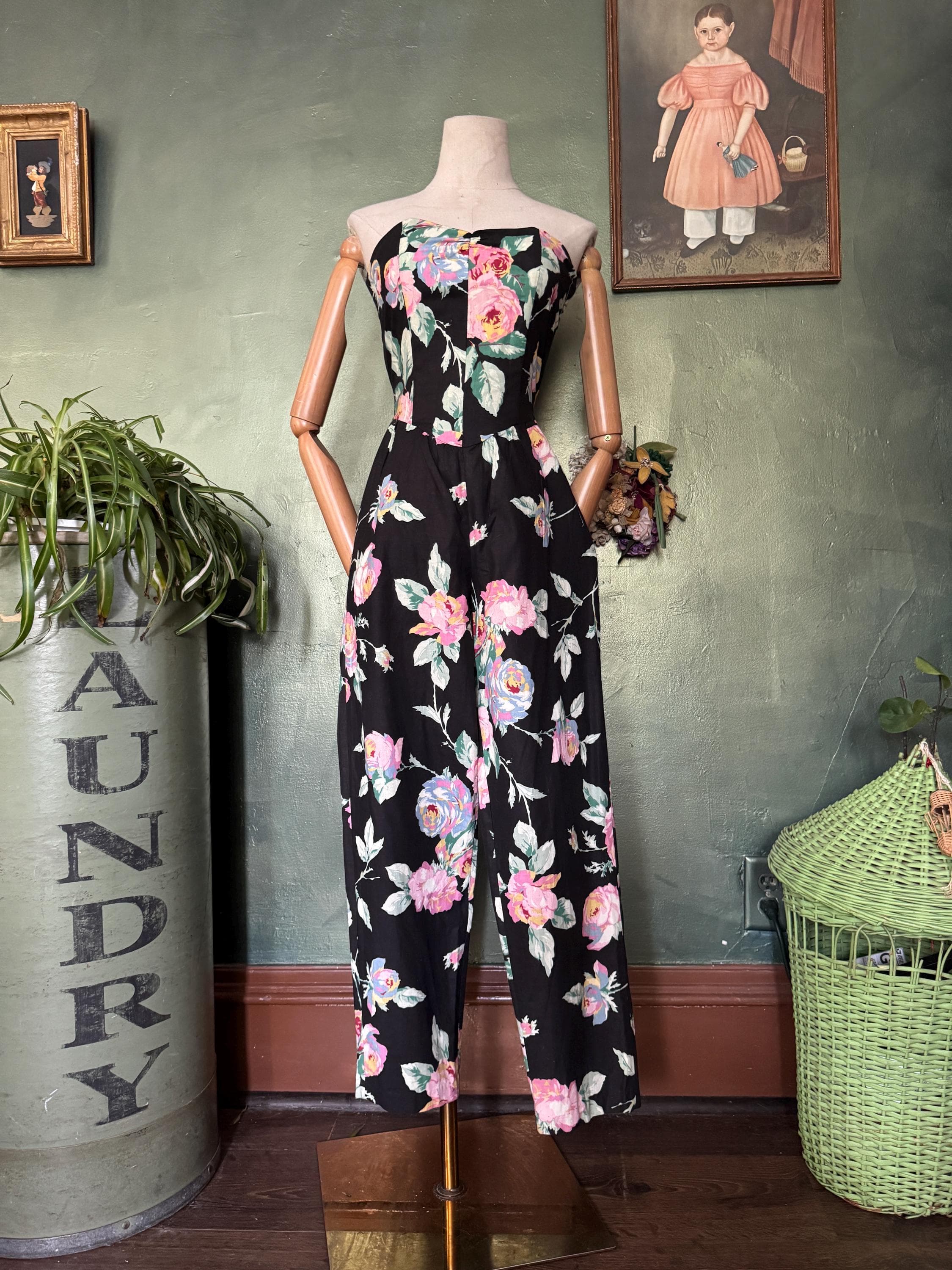 1980s Black & Pink Cabbage Rose Strapless Jumpsuit